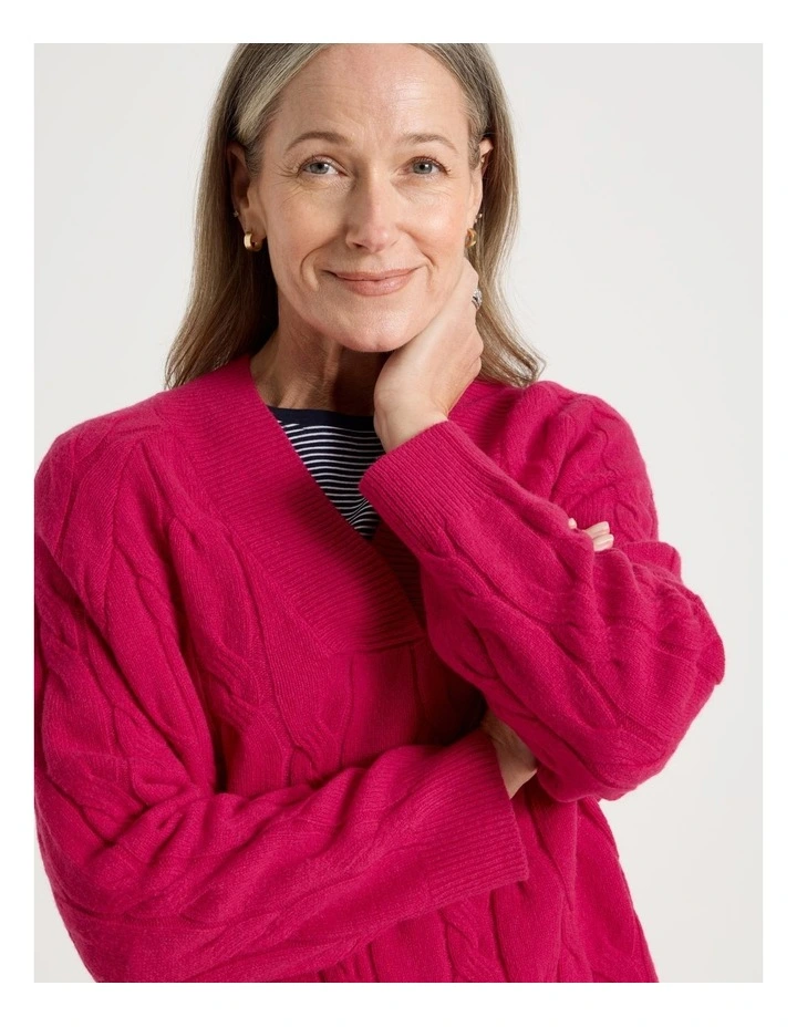 Petites V Neck Cable Jumper in Hot Pink image 4