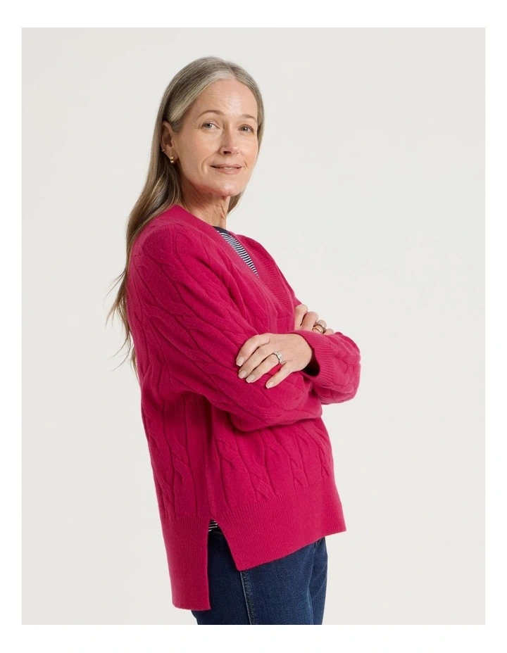 Petites V Neck Cable Jumper in Hot Pink image 5