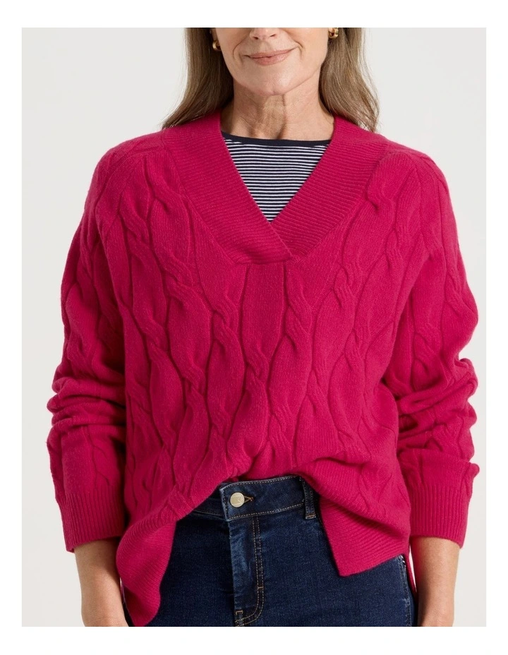 Petites V Neck Cable Jumper in Hot Pink image 7