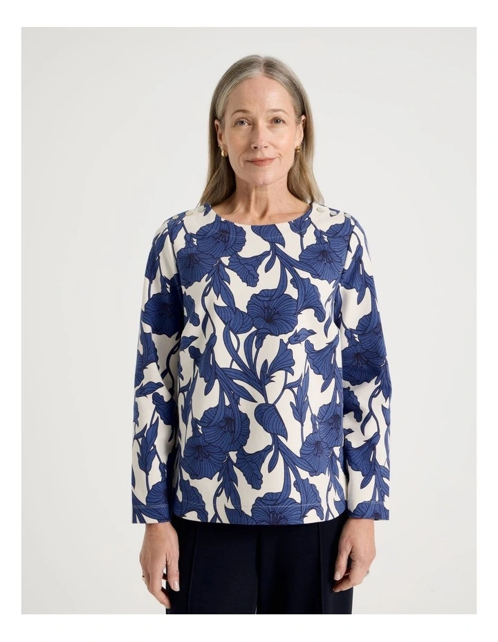 Petites Button Shoulder Ponte Tee With Curved Hem in Red/Pink/Navy Large Abstract image 1