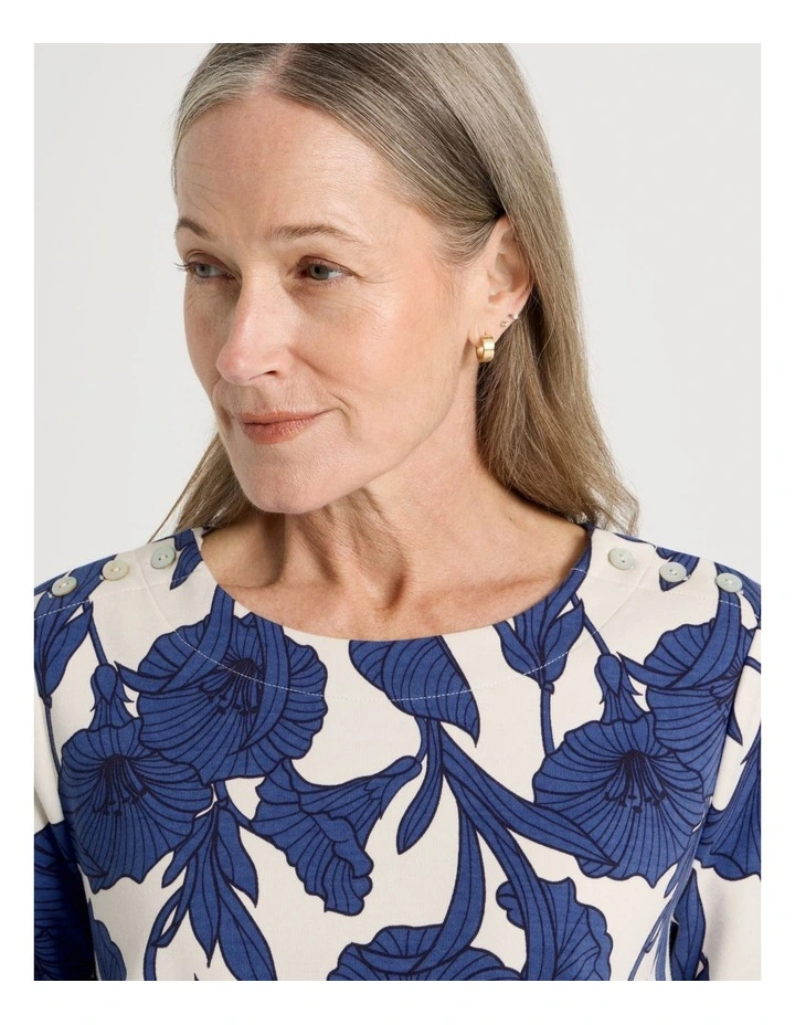 Petites Button Shoulder Ponte Tee With Curved Hem in Red/Pink/Navy Large Abstract image 4