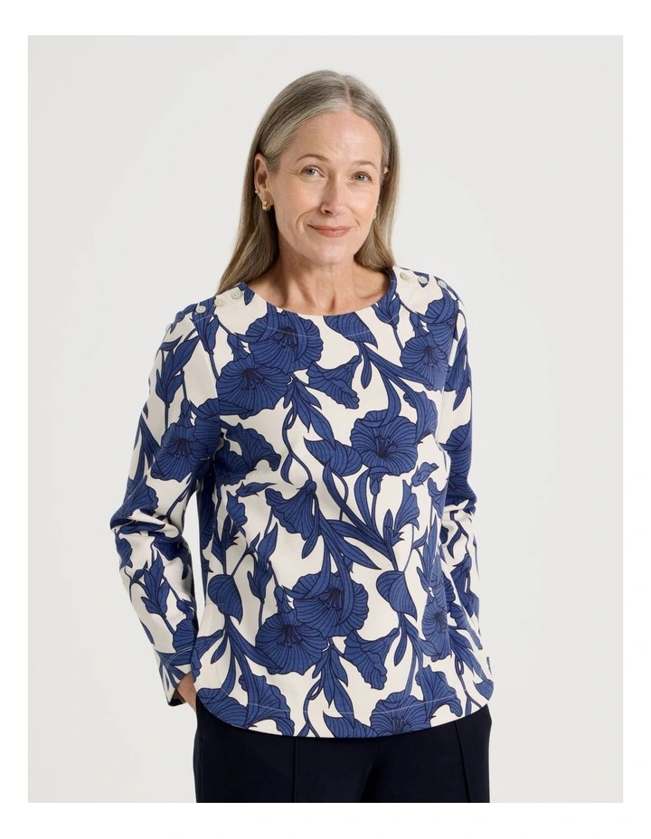 Petites Button Shoulder Ponte Tee With Curved Hem in Red/Pink/Navy Large Abstract image 5