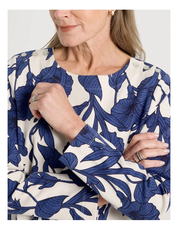 Petites Button Shoulder Ponte Tee With Curved Hem in Red/Pink/Navy Large Abstract image 7