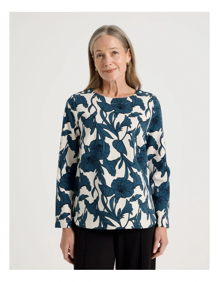 Petites Button Shoulder Ponte Tee With Curved Hem in Teals/Brown/Black Large Abstract image 1