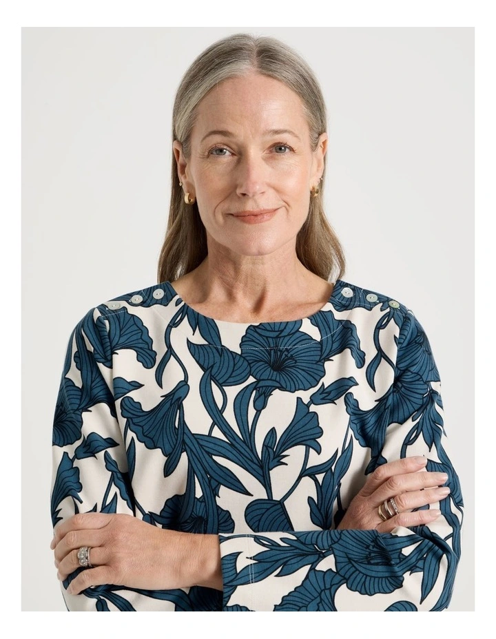 Petites Button Shoulder Ponte Tee With Curved Hem in Teals/Brown/Black Large Abstract image 2