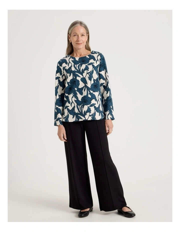 Petites Button Shoulder Ponte Tee With Curved Hem in Teals/Brown/Black Large Abstract image 3