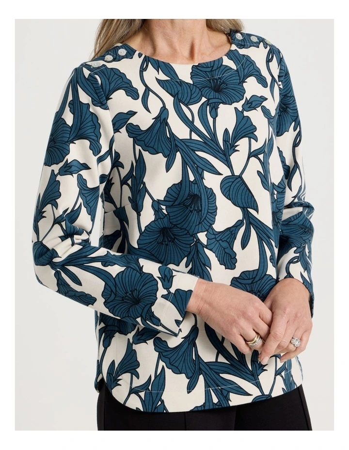 Petites Button Shoulder Ponte Tee With Curved Hem in Teals/Brown/Black Large Abstract image 4