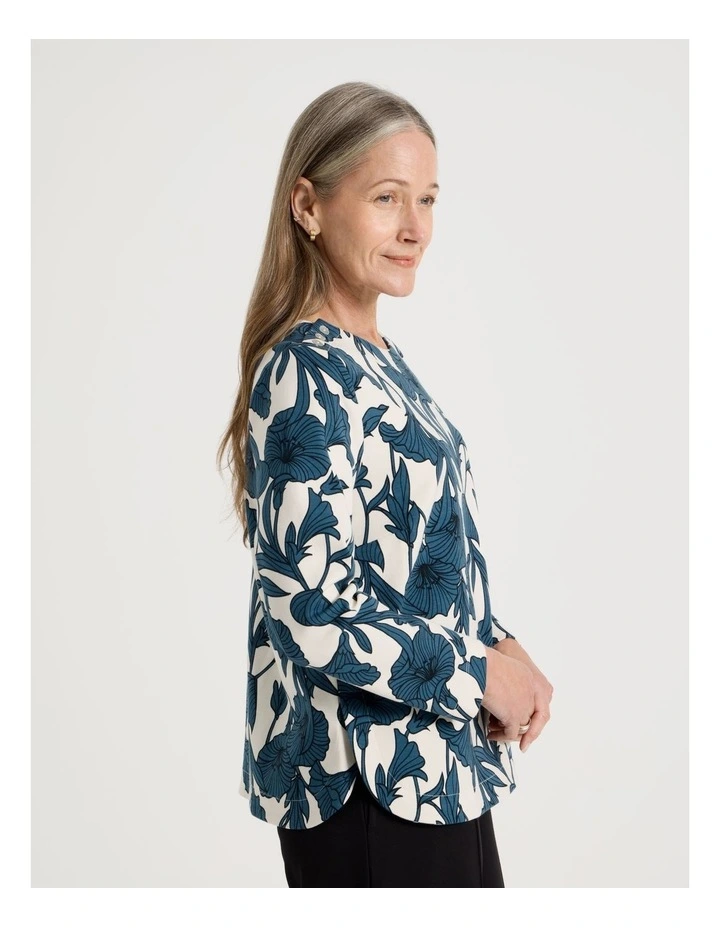 Petites Button Shoulder Ponte Tee With Curved Hem in Teals/Brown/Black Large Abstract image 5