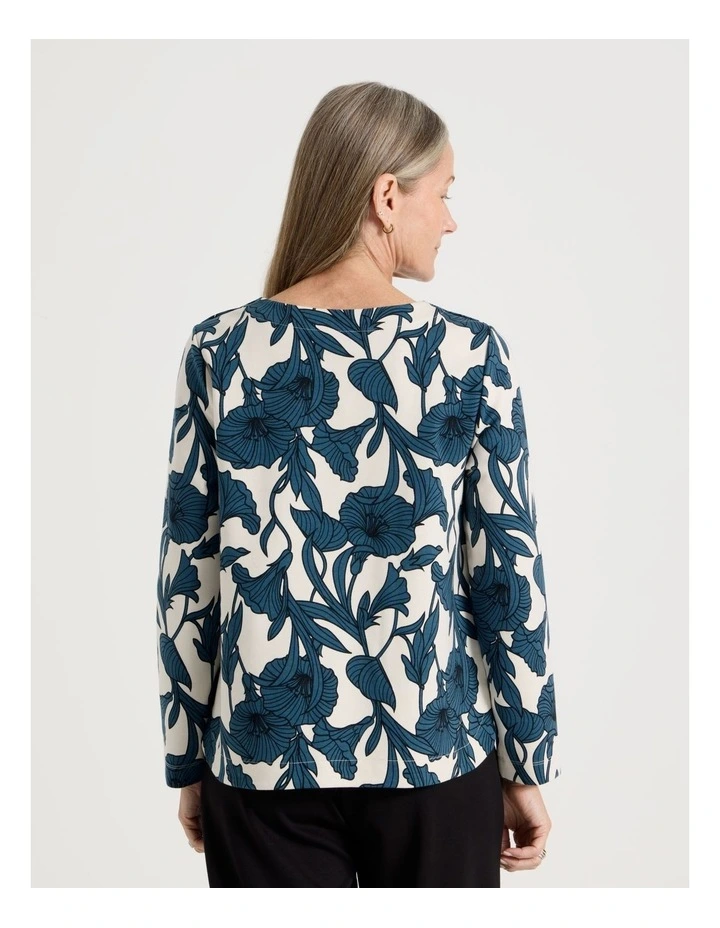 Petites Button Shoulder Ponte Tee With Curved Hem in Teals/Brown/Black Large Abstract image 6