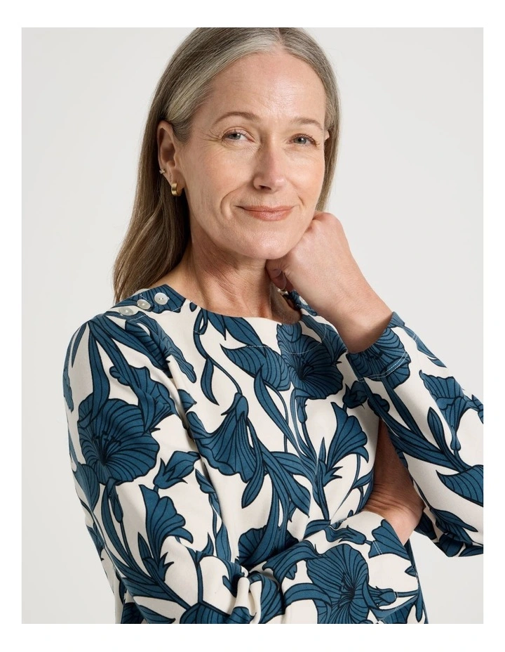 Petites Button Shoulder Ponte Tee With Curved Hem in Teals/Brown/Black Large Abstract image 7