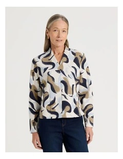 High V Neck Tee in Light Brown, Blues, and Ivory Abstract Print