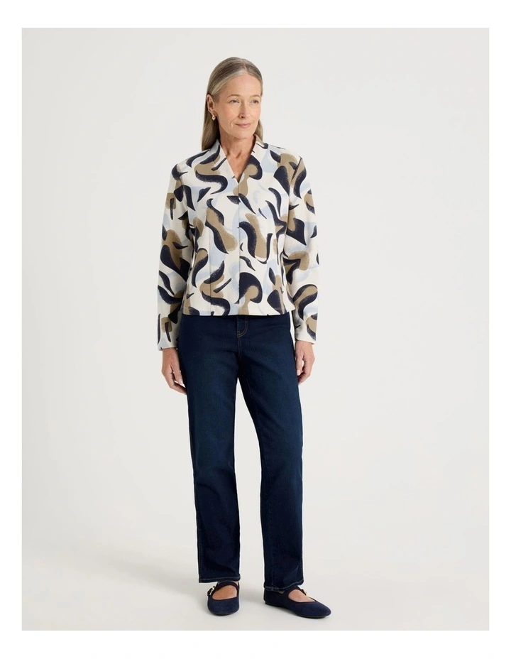 High V Neck Tee in Light Brown, Blues, and Ivory Abstract Print image 2