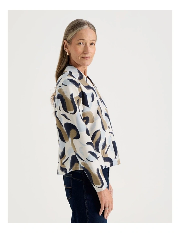 High V Neck Tee in Light Brown, Blues, and Ivory Abstract Print image 3