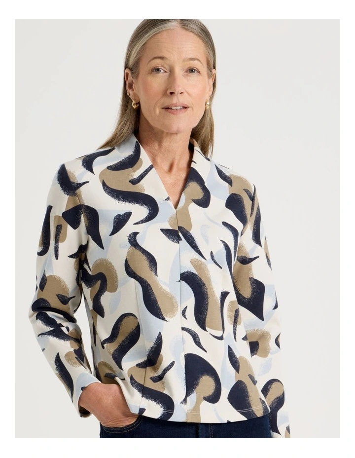 High V Neck Tee in Light Brown, Blues, and Ivory Abstract Print image 4