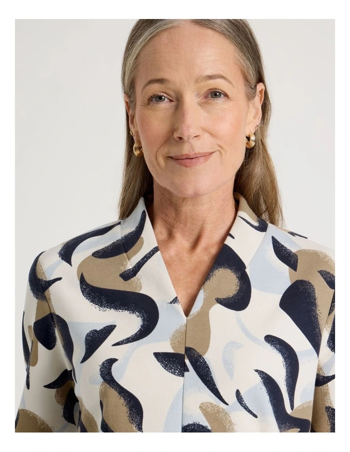 High V Neck Tee in Light Brown, Blues, and Ivory Abstract Print image 5