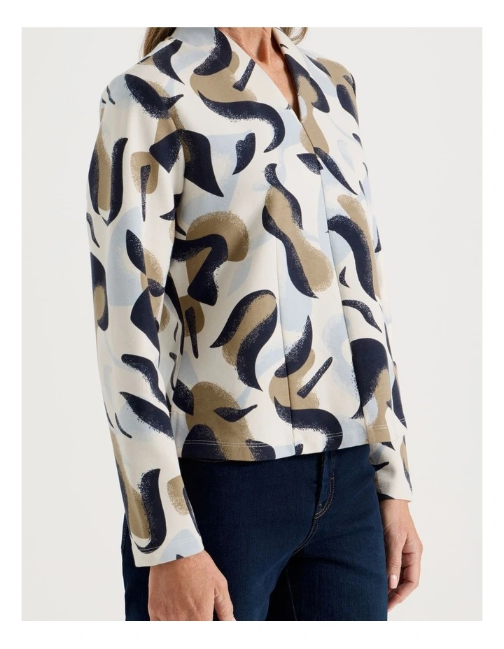 High V Neck Tee in Light Brown, Blues, and Ivory Abstract Print image 7