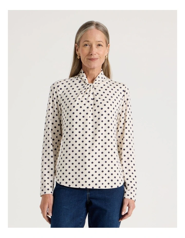 Knot Neck Tee in Ivory and Navy Spot Print image 1