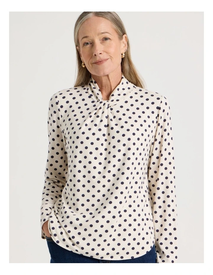 Knot Neck Tee in Ivory and Navy Spot Print image 3
