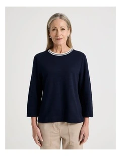 3/4 Sleeve Tee With Stripe Neck Band in Navy/White