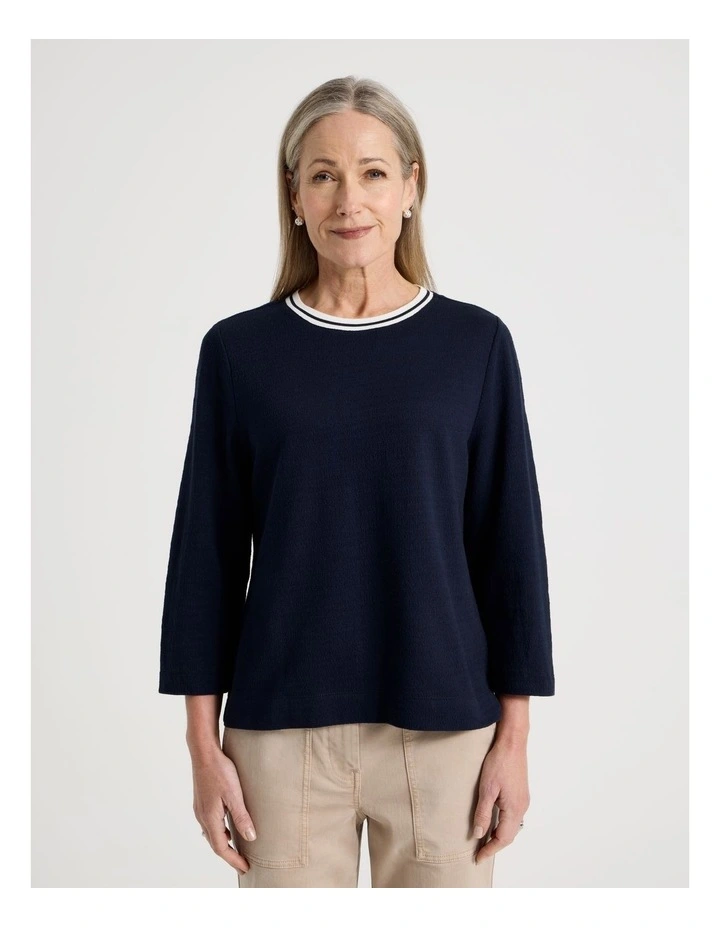 3/4 Sleeve Tee With Stripe Neck Band in Navy/White image 1