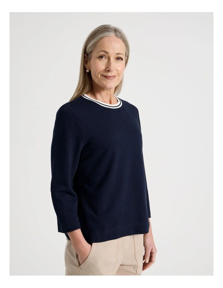 3/4 Sleeve Tee With Stripe Neck Band in Navy/White image 4