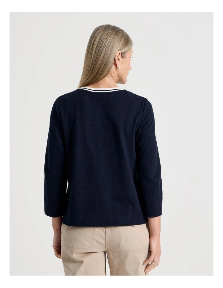 3/4 Sleeve Tee With Stripe Neck Band in Navy/White image 6