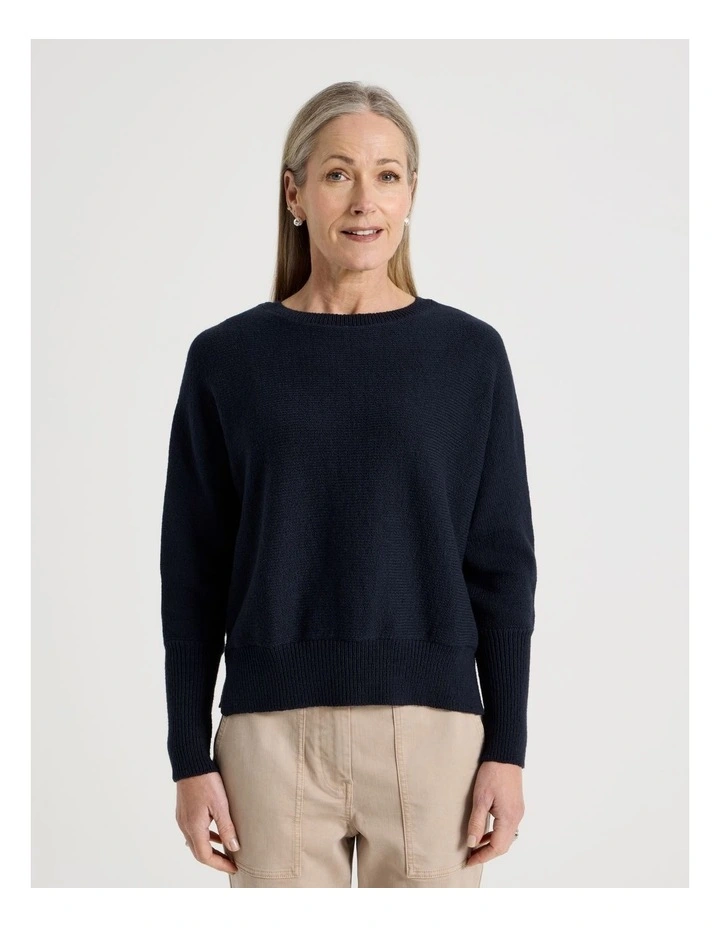 Magyar Sleeve Jumper With Long Rib Cuffs in Navy image 4