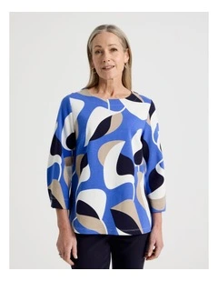 3/4 Sleeve Tee With Side Splits in Cobalt/Navy/Ivory/Neutral Abstract Print