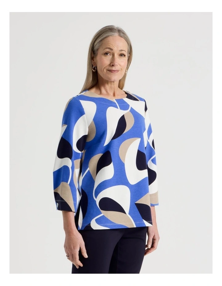 3/4 Sleeve Tee With Side Splits in Cobalt/Navy/Ivory/Neutral Abstract Print image 4