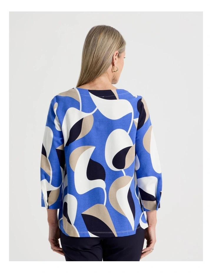 3/4 Sleeve Tee With Side Splits in Cobalt/Navy/Ivory/Neutral Abstract Print image 5