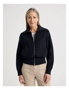 Zip Up Knitted Jacket With Collar in Navy