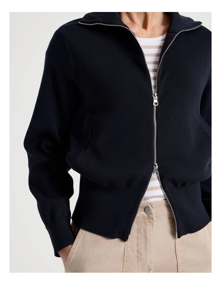 Zip Up Knitted Jacket With Collar in Navy image 2
