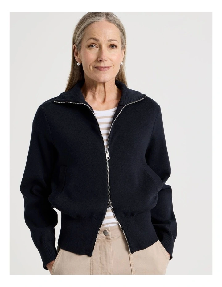 Zip Up Knitted Jacket With Collar in Navy image 3