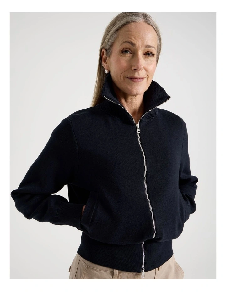 Zip Up Knitted Jacket With Collar in Navy image 5