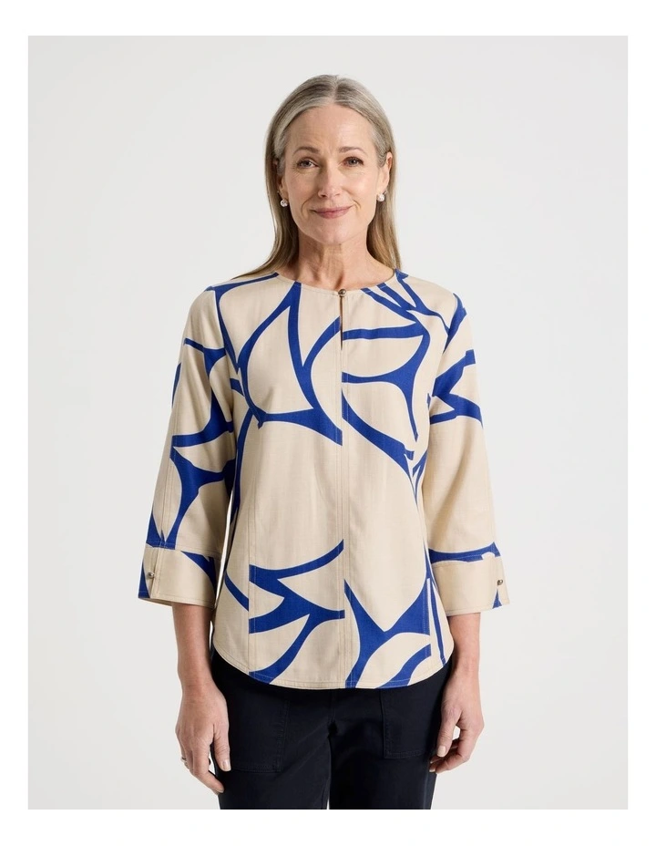 Notch Neck 3/4 Sleeve Top With CF Seam in Ivory/Cobalt Print image 1