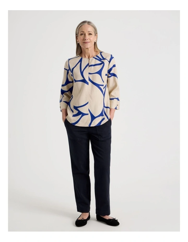 Notch Neck 3/4 Sleeve Top With CF Seam in Ivory/Cobalt Print image 2
