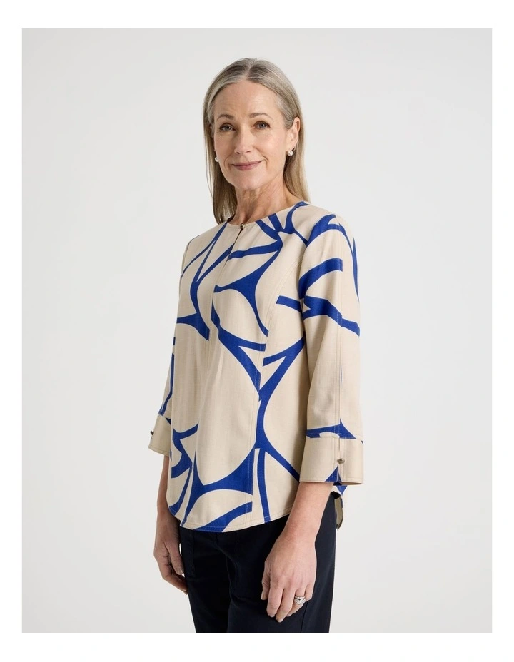 Notch Neck 3/4 Sleeve Top With CF Seam in Ivory/Cobalt Print image 3