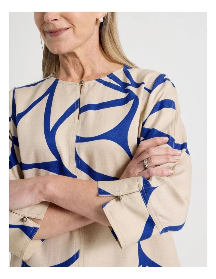 Notch Neck 3/4 Sleeve Top With CF Seam in Ivory/Cobalt Print image 4
