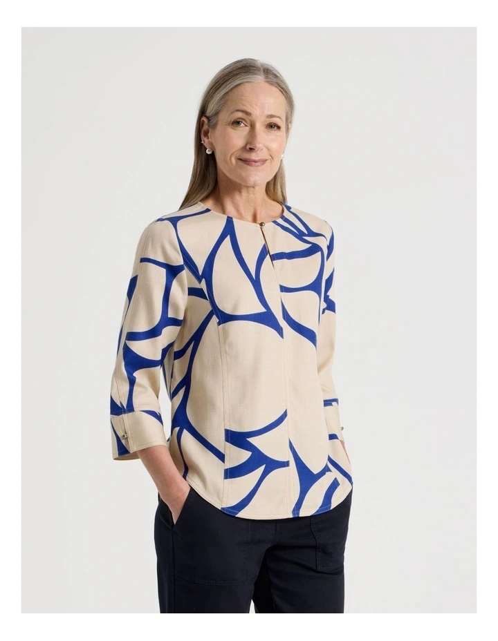 Notch Neck 3/4 Sleeve Top With CF Seam in Ivory/Cobalt Print image 5