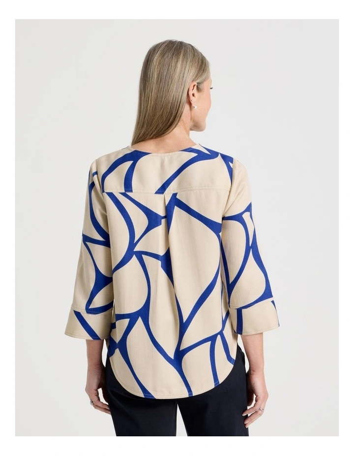 Notch Neck 3/4 Sleeve Top With CF Seam in Ivory/Cobalt Print image 6