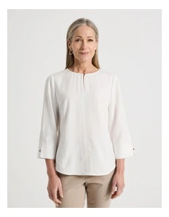 Notch Neck 3/4 Sleeve Top With CF Seam in Ivory/Neutral Contrast Top Stitch