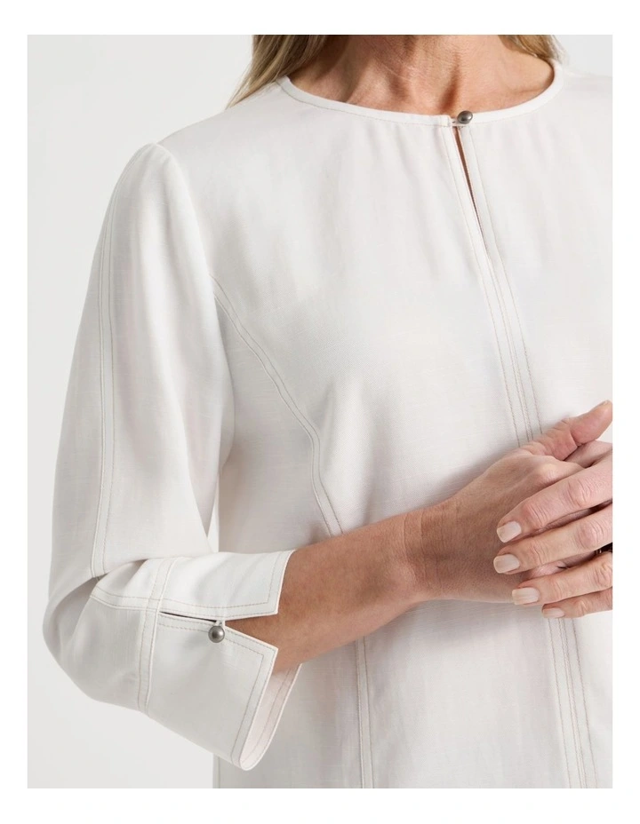 Notch Neck 3/4 Sleeve Top With CF Seam in Ivory/Neutral Contrast Top Stitch image 2
