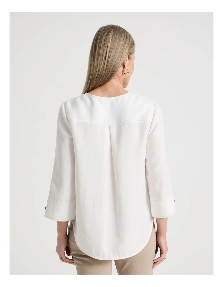 Notch Neck 3/4 Sleeve Top With CF Seam in Ivory/Neutral Contrast Top Stitch image 6