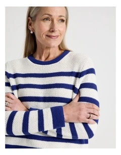 Fancy Knit Long Sleeve Breton Stripe Jumper in Cobalt/Ivory