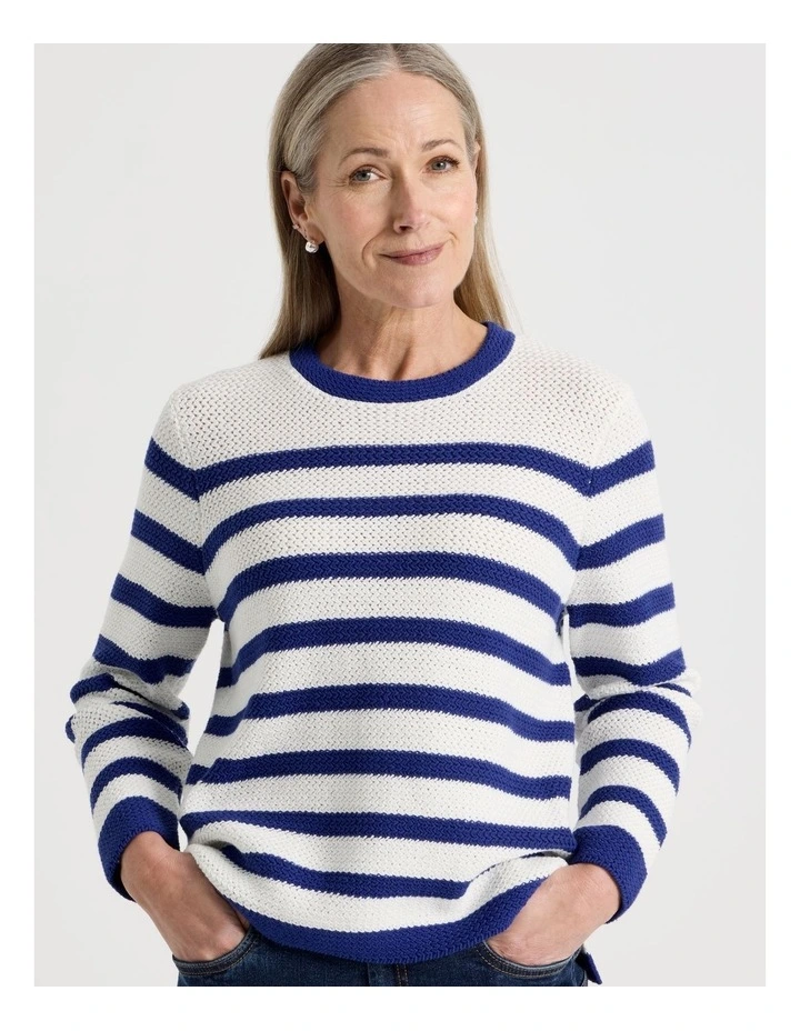 Fancy Knit Long Sleeve Breton Stripe Jumper in Cobalt/Ivory image 5