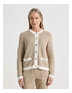 Contrast Trim Button Front Cardigan in Neutral/Ivory