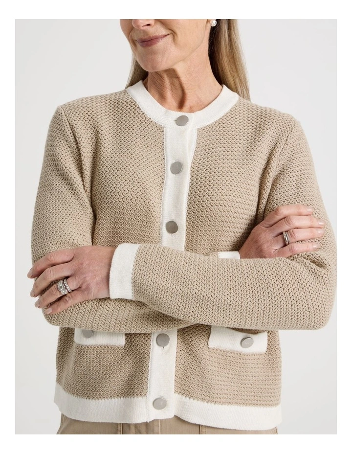 Contrast Trim Button Front Cardigan in Neutral/Ivory image 2