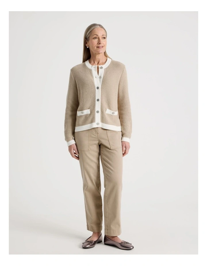Contrast Trim Button Front Cardigan in Neutral/Ivory image 3