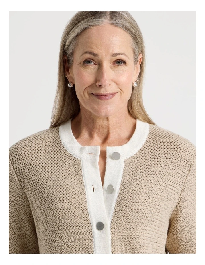 Contrast Trim Button Front Cardigan in Neutral/Ivory image 4