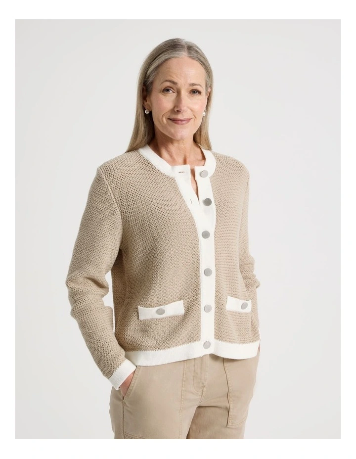 Contrast Trim Button Front Cardigan in Neutral/Ivory image 5